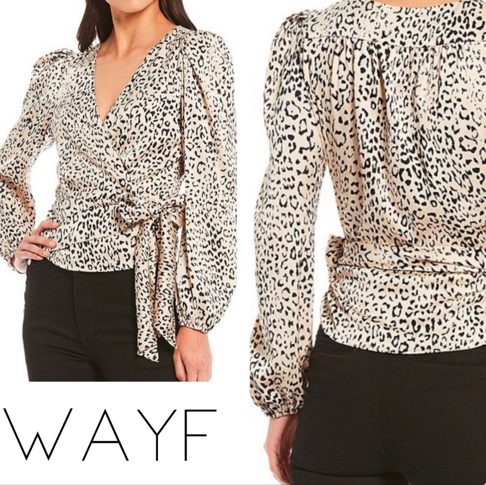 WAYF Animal Print Satin Wrap Top Bow Detail Puff Sleeve